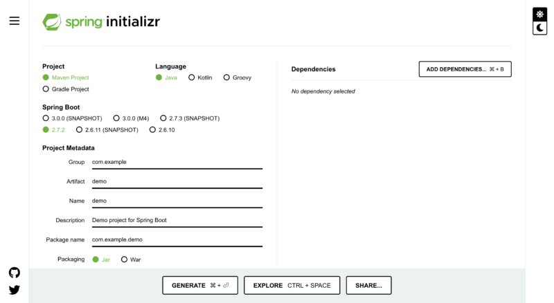 spring initializer初期画面